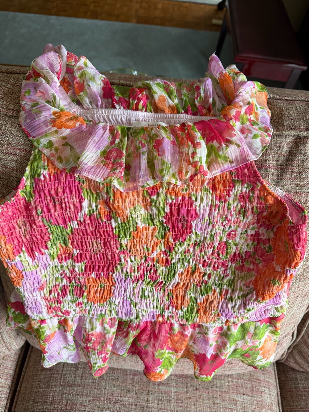 Women’s Floral Ruffle Smocked Tank Top - Pink Multi size XXL